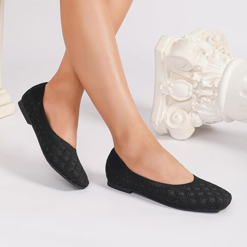 Flats for Women Square Toe Knit Foldable Ballet Women's Fat Shoes Dressy Comfortable Womens Shoe for Casual Office Work in Kuwait