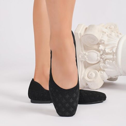 Flats for Women Square Toe Knit Foldable Ballet Women's Fat Shoes Dressy Comfortable Womens Shoe for Casual Office Work in Kuwait