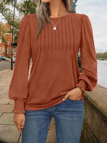 Womens Long Sleeve Shirts 2025 Dressy Fall Fashion Casual Tops Pleated Business Outfits Trendy Blouses with Smocked Cuffs in Saudi Arabia