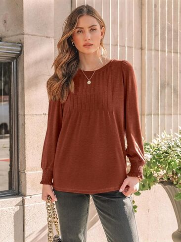 Womens Long Sleeve Shirts 2025 Dressy Fall Fashion Casual Tops Pleated Business Outfits Trendy Blouses with Smocked Cuffs in Saudi Arabia