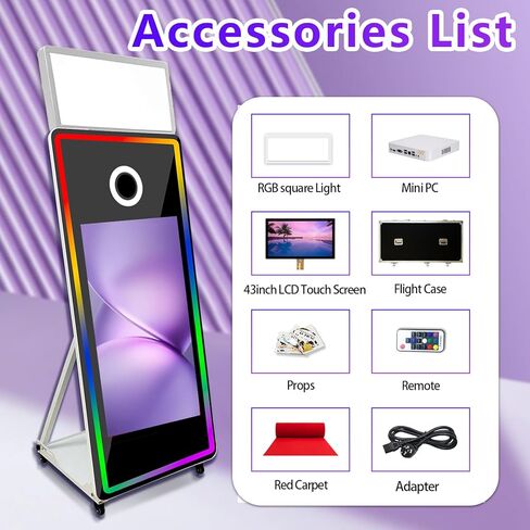 كشك صور بمرآة سحرية مع شاشة تعمل باللمس مقاس 43 بوصة، كشك صور محمول مزود بإضاءة LED RGB وحقيبة طيران لتأجير حفلات الزفاف والمناسبات (أسود، كشك الصور) in Kuwait