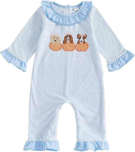 Newborn Baby Girl Halloween Romper Dog Pumpkin Embroidery Long Sleeve Onesie Ruffle Striped Overalls Fall Clothes in Saudi Arabia