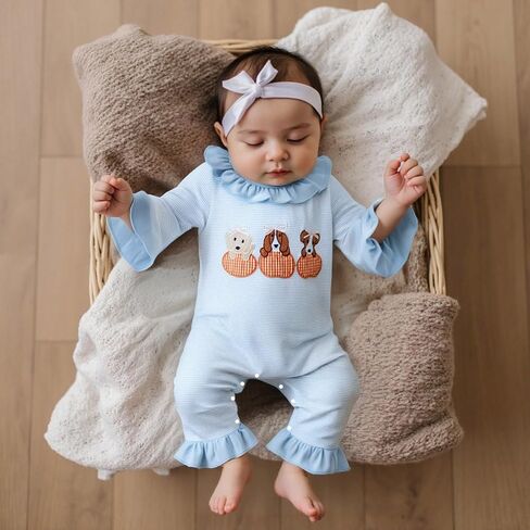 Newborn Baby Girl Halloween Romper Dog Pumpkin Embroidery Long Sleeve Onesie Ruffle Striped Overalls Fall Clothes in Saudi Arabia