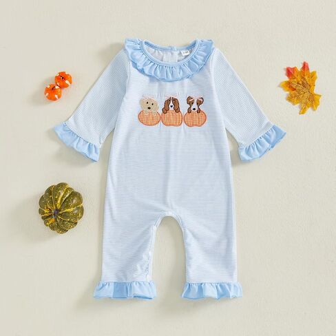 Newborn Baby Girl Halloween Romper Dog Pumpkin Embroidery Long Sleeve Onesie Ruffle Striped Overalls Fall Clothes in Saudi Arabia