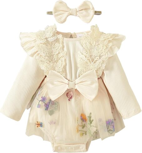 ​Baby Girl One-Piece Boutique Romper with Attached Floral Tulle Skirt and Lace Bow Headband​ in Saudi Arabia