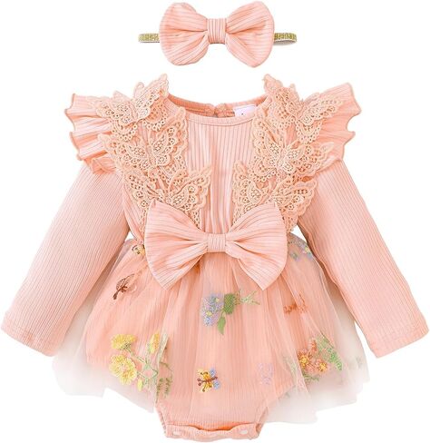 ​Baby Girl One-Piece Boutique Romper with Attached Floral Tulle Skirt and Lace Bow Headband​ in Kuwait