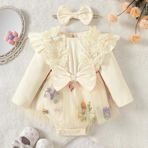 ​Baby Girl One-Piece Boutique Romper with Attached Floral Tulle Skirt and Lace Bow Headband​ in Saudi Arabia