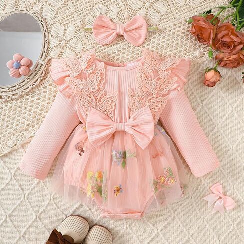 ​Baby Girl One-Piece Boutique Romper with Attached Floral Tulle Skirt and Lace Bow Headband​ in Kuwait