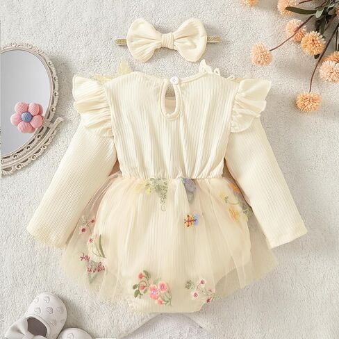 ​Baby Girl One-Piece Boutique Romper with Attached Floral Tulle Skirt and Lace Bow Headband​ in Saudi Arabia