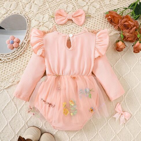 ​Baby Girl One-Piece Boutique Romper with Attached Floral Tulle Skirt and Lace Bow Headband​ in Kuwait