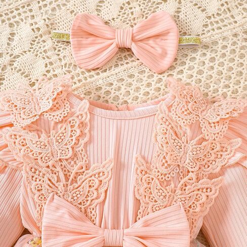 ​Baby Girl One-Piece Boutique Romper with Attached Floral Tulle Skirt and Lace Bow Headband​ in Kuwait