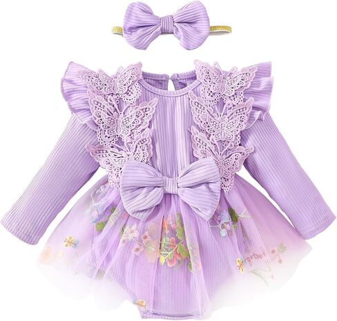​Baby Girl One-Piece Boutique Romper with Attached Floral Tulle Skirt and Lace Bow Headband​ in Kuwait