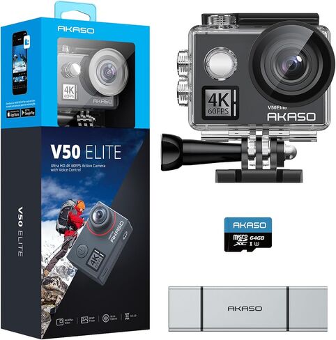 AKASO V50 Elite Action Camera with MicroSDXC U3 Card and 3 in 1 SD Card Reader Accessories Kit Bundle in Saudi Arabia