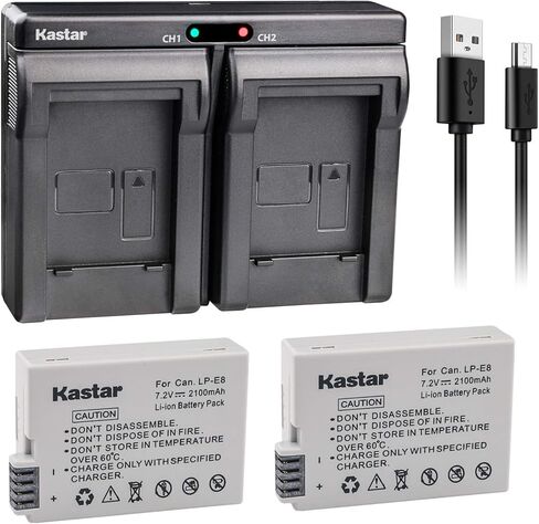 Kastar LPE8 2X Battery + USB Dual Charger for LP-E8, LPE8 and Rebel T5, T2i, T3i, T4I, T5i, 700D, 650D, Kiss X5, Kiss X4, Kiss X6i, Kiss X7i EOS 550D 600D Digital SLR Cameras in Saudi Arabia