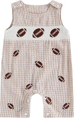 Newborn Baby Boy Football Outfit Embroidery Plaid Retro Romper Sleeveless One Piece Jumpsuit Smocked Shortall in Saudi Arabia