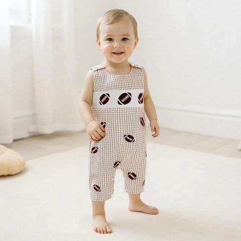 Newborn Baby Boy Football Outfit Embroidery Plaid Retro Romper Sleeveless One Piece Jumpsuit Smocked Shortall in Saudi Arabia