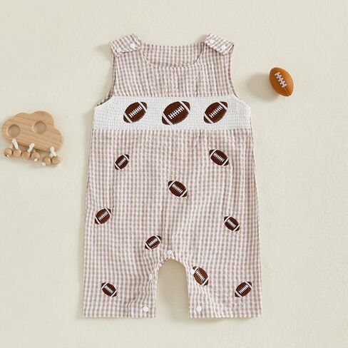 Newborn Baby Boy Football Outfit Embroidery Plaid Retro Romper Sleeveless One Piece Jumpsuit Smocked Shortall in Saudi Arabia