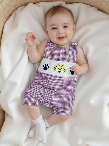 Newborn Baby Boy Football Outfit Embroidery Plaid Retro Romper Sleeveless One Piece Jumpsuit Smocked Shortall in Saudi Arabia