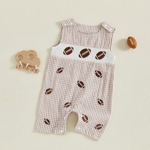 Newborn Baby Boy Football Outfit Embroidery Plaid Retro Romper Sleeveless One Piece Jumpsuit Smocked Shortall in Saudi Arabia