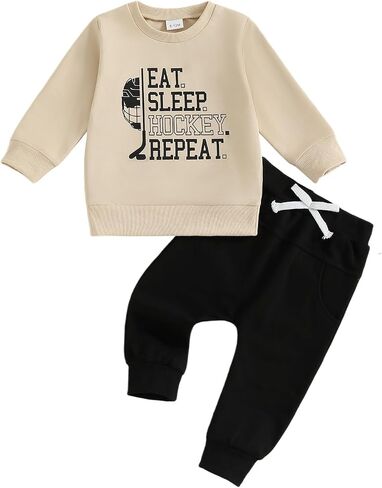 Toddler Baby Boy Hockey Outfit Eat Sleep Hockey Repeat Long Sleeve Sweatshirt Top Pants Set Fall Winter Clothes in Saudi Arabia