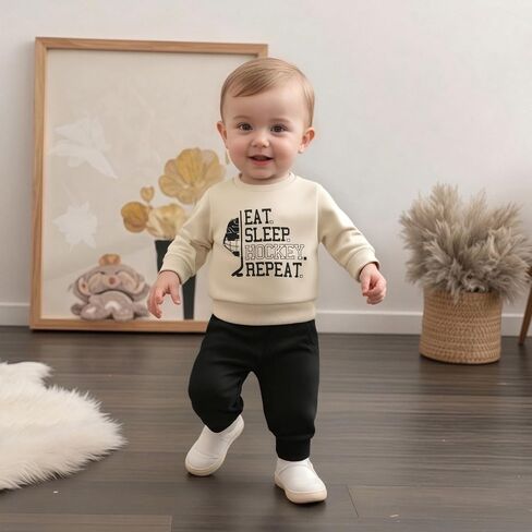 Toddler Baby Boy Hockey Outfit Eat Sleep Hockey Repeat Long Sleeve Sweatshirt Top Pants Set Fall Winter Clothes in Saudi Arabia