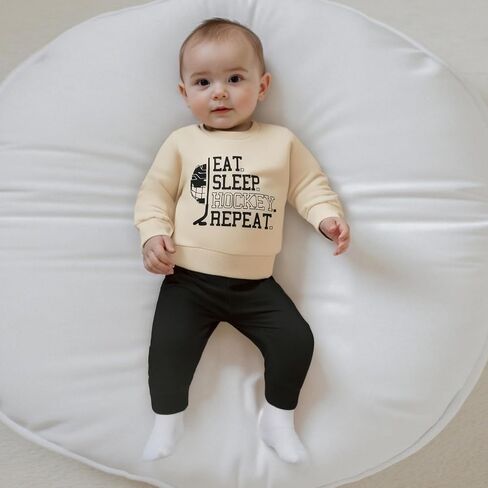 Toddler Baby Boy Hockey Outfit Eat Sleep Hockey Repeat Long Sleeve Sweatshirt Top Pants Set Fall Winter Clothes in Saudi Arabia