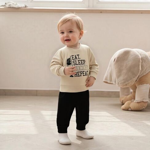 Toddler Baby Boy Hockey Outfit Eat Sleep Hockey Repeat Long Sleeve Sweatshirt Top Pants Set Fall Winter Clothes in Saudi Arabia
