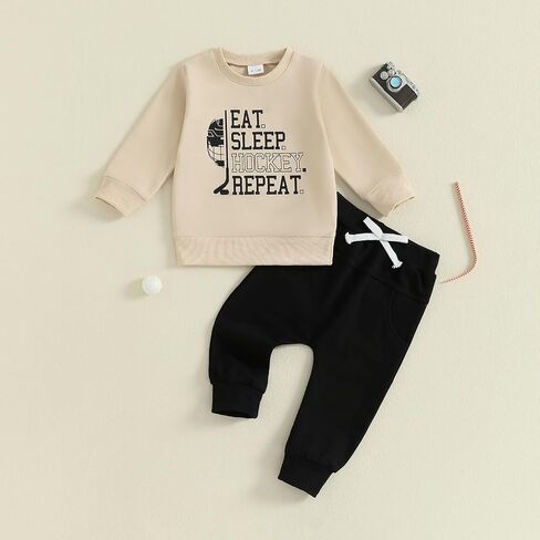 Toddler Baby Boy Hockey Outfit Eat Sleep Hockey Repeat Long Sleeve Sweatshirt Top Pants Set Fall Winter Clothes in Saudi Arabia