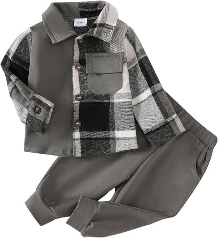 ​Baby Boys 2-Piece Boutique Set, Vintage Plaid Shirt with Classic Button Detail and Comfortable Pants in Kuwait