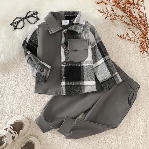 ​Baby Boys 2-Piece Boutique Set, Vintage Plaid Shirt with Classic Button Detail and Comfortable Pants in Kuwait