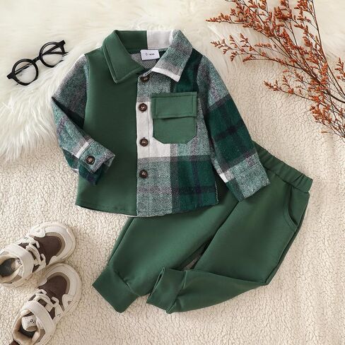 ​Baby Boys 2-Piece Boutique Set, Vintage Plaid Shirt with Classic Button Detail and Comfortable Pants in Kuwait