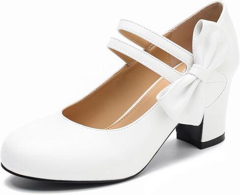 Womens Bow Heels Mary Jane Shoes Round Toe Chunky Heel Side Bow Dress Pumps in Saudi Arabia