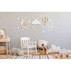 مجموعة حائط الحضانة Dreamy Skies - فيل على القمر ومنطاد الهواء الساخن وملصقات النجوم (موضوع أزرق) in Kuwait