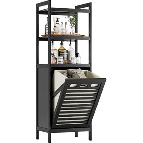 HITNET Tilt Out Laundry Hamper, Bamboo Bathroom Cabinet with Pull Out Removable Bag and 3 Tier Storage Shelves, 8.5 Gallon Clothes Basket with Metal Handle, Black in Saudi Arabia