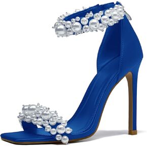 Women's Pearl Stiletto Heels Sandals Sexy Open Square Toe sparkly Ankle Back Zipper bridal Satin Wedding Party Dressy heels Shoes in Saudi Arabia