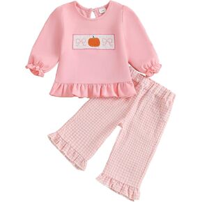 Baby Girl Halloween Outfit Pumpkin Smocked Shirt Plaid Flared Pants | Toddler Baby Girl Halloween Outfit Smocked Pumpkin Long Sleeve Ruffle Sweatshirt Plaid Pants Set 2Pcs Fall Winter Clothes in Saudi Arabia