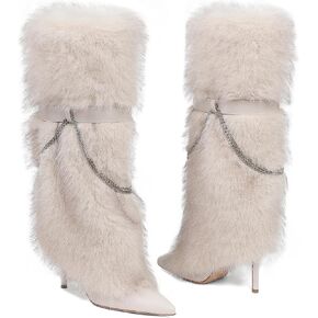 Women Fur Boots Knee High Fold Over Fuzzy Boots Stiletto High Heel Wide Calf Pointed Toe Boot Party Fashion Fall Winter Dress Boots in Saudi Arabia