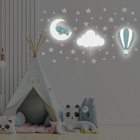 Dreamy Skies Nursery Wall Set – Elephant on Moon, Hot Air Balloon & Star Stickers (Blue Theme) in Saudi Arabia