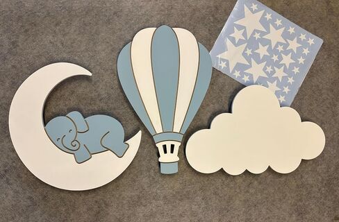 Dreamy Skies Nursery Wall Set – Elephant on Moon, Hot Air Balloon & Star Stickers (Blue Theme) in Saudi Arabia