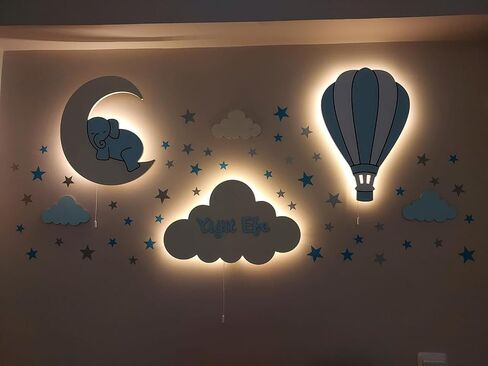 Dreamy Skies Nursery Wall Set – Elephant on Moon, Hot Air Balloon & Star Stickers (Blue Theme) in Saudi Arabia