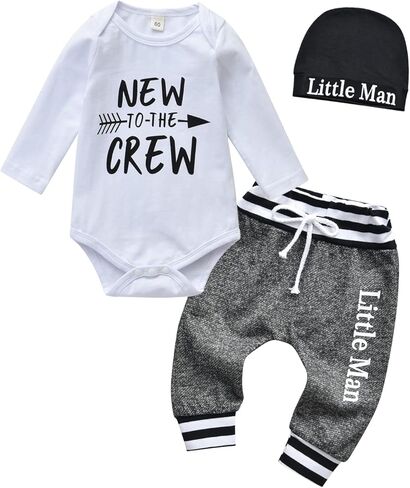 Newborn Infants Baby Boy Clothes New To The Crew Letter Print Long Sleeve Romper and Pants Hat 3PCS Outfit Sets in Saudi Arabia