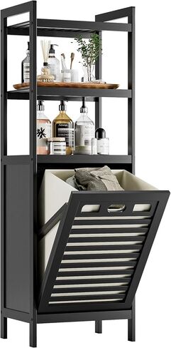 HITNET Tilt Out Laundry Hamper, Bamboo Bathroom Cabinet with Pull Out Removable Bag and 3 Tier Storage Shelves, 8.5 Gallon Clothes Basket with Metal Handle, Black in Saudi Arabia