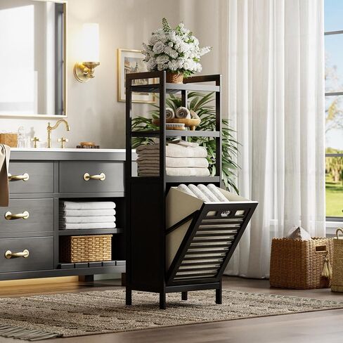 HITNET Tilt Out Laundry Hamper, Bamboo Bathroom Cabinet with Pull Out Removable Bag and 3 Tier Storage Shelves, 8.5 Gallon Clothes Basket with Metal Handle, Black in Saudi Arabia