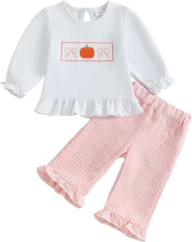 Toddler Girls Pumpkin Outfits Long Puff Sleeve Ruffle Tops and Gingham Pants Set 2Pcs Infant Baby Halloween Clothes in Saudi Arabia
