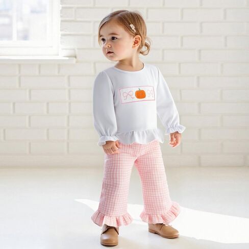 Toddler Girls Pumpkin Outfits Long Puff Sleeve Ruffle Tops and Gingham Pants Set 2Pcs Infant Baby Halloween Clothes in Saudi Arabia