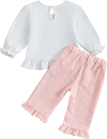 Toddler Girls Pumpkin Outfits Long Puff Sleeve Ruffle Tops and Gingham Pants Set 2Pcs Infant Baby Halloween Clothes in Saudi Arabia