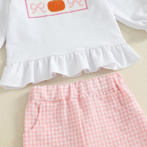 Toddler Girls Pumpkin Outfits Long Puff Sleeve Ruffle Tops and Gingham Pants Set 2Pcs Infant Baby Halloween Clothes in Saudi Arabia