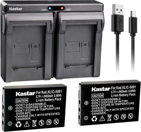 Kastar 2X Battery + USB Dual Charger for Kod KLIC-5001 and Easyshare P712 P850 P880 Z730 Z760 Z7590 DX6490 DX7440 DX7590 DX7630 Sanyo DB-L50 DMX-WH1 HD1010 FH11 HD2000 VPC-WH1 HD2000 HD1010 HD1000 in Saudi Arabia