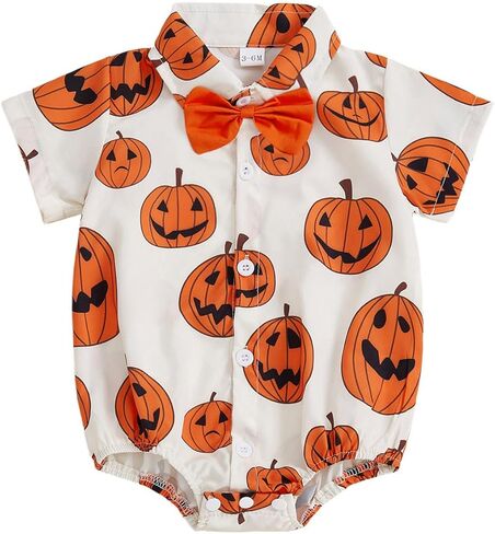Newborn Baby Boy Halloween Outfit Pumpkin Dress Shirt Bodysuit with Bowtie Button Down Short Sleeve Collared Romper in Saudi Arabia