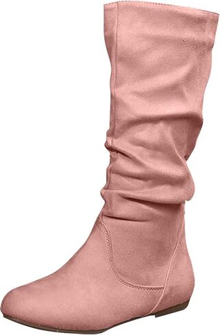 Womens Slouchy Mid Calf Boots Fall Fashion Suede Comfy Flat Heel Shoes Ladies Casual Side Zipper Wide Calf Boots in Saudi Arabia
